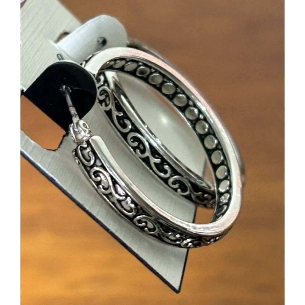 Napier Earrings Silver Toned Hoops Etched Black Design Brand New on Card
